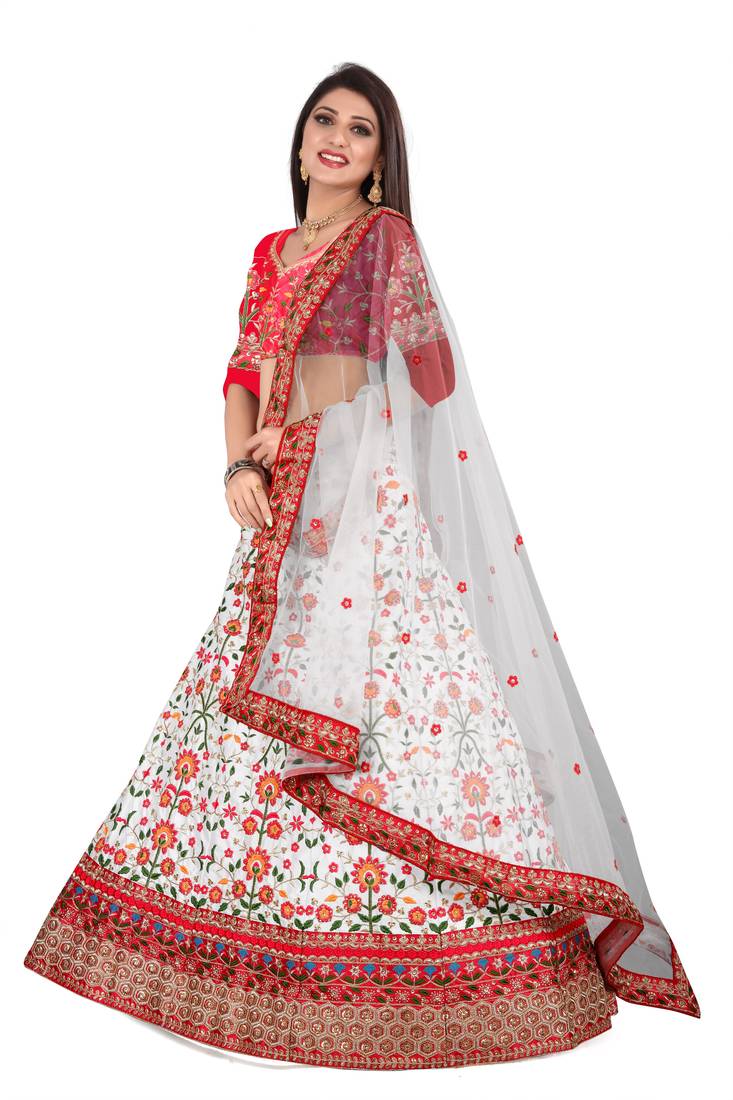 WHITE AND MAROON COLOUR PARTY WEAR LEHENGHA CHOLI WITH EMBROIDERY WORK