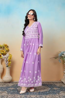Purple rayon fabric chikankari embroidery work festive kurta set 1