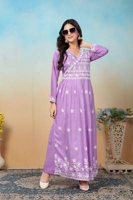 Purple rayon fabric chikankari embroidery work festive kurta set 4