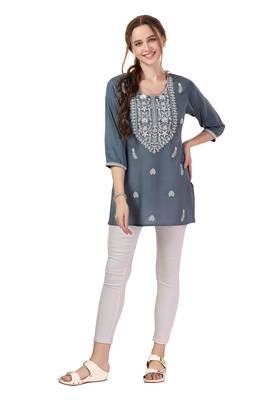 Grey rayon chikankari embroidery formal kurti 1