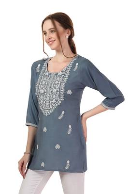 Grey rayon chikankari embroidery formal kurti 3