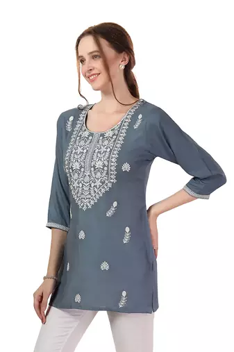 Grey rayon chikankari embroidery formal kurti