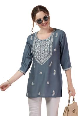 Grey rayon chikankari embroidery formal kurti 4