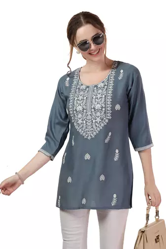 Grey rayon chikankari embroidery formal kurti