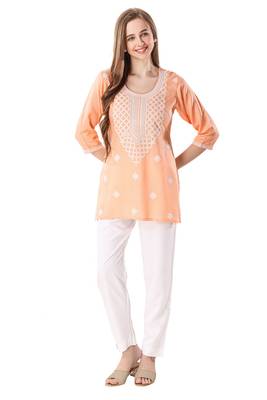 Peach rayon chikankari embroidery formal kurti 1