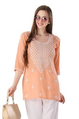 Peach rayon chikankari embroidery formal kurti 3