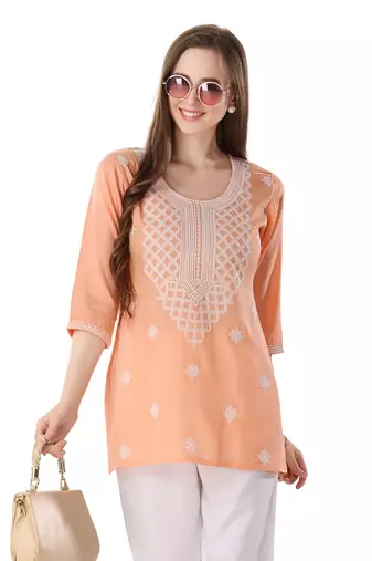Peach rayon chikankari embroidery formal kurti