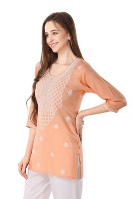 Peach rayon chikankari embroidery formal kurti 4