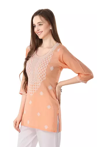 Peach rayon chikankari embroidery formal kurti