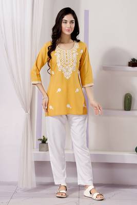 Yellow rayon chikankari embroidery formal kurti 1