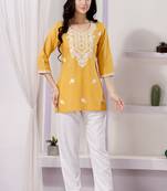 Yellow rayon fabric chikankari embroidery work formal kurti