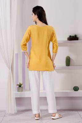Yellow rayon chikankari embroidery formal kurti 2