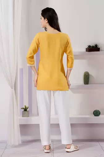 Yellow rayon chikankari embroidery formal kurti