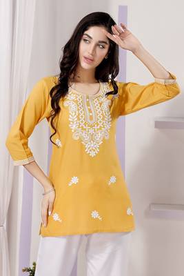 Yellow rayon chikankari embroidery formal kurti 3