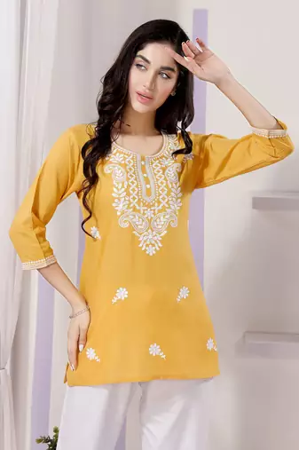 Yellow rayon chikankari embroidery formal kurti