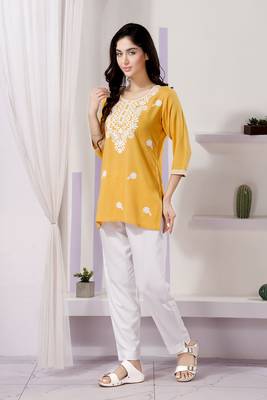 Yellow rayon chikankari embroidery formal kurti 4