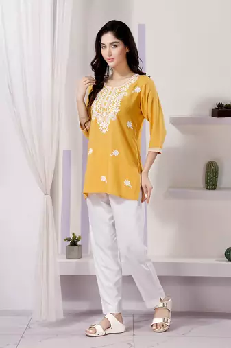 Yellow rayon chikankari embroidery formal kurti
