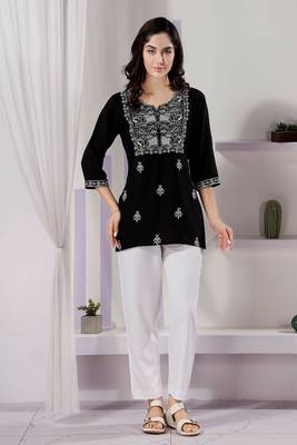 Black rayon fabric chikankari embroidery work formal kurti 1