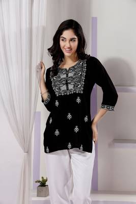Black rayon fabric chikankari embroidery work formal kurti 3