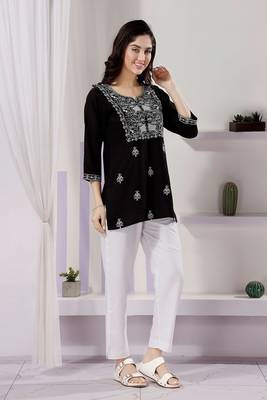 Black rayon fabric chikankari embroidery work formal kurti 4