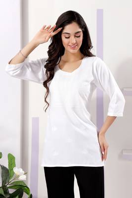 White rayon chikankari embroidery formal kurti 4