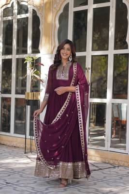 Wine glamorous georgette fabric ceremonial wear gown with dupatta 1