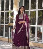 Wine glamorous georgette fabric ceremonial wear gown with dupatta