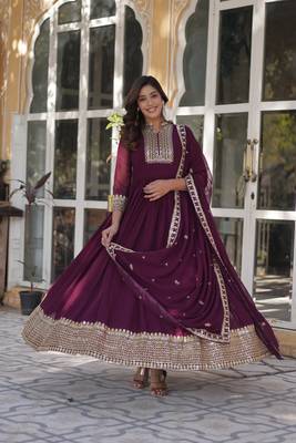 Wine glamorous georgette fabric ceremonial wear gown with dupatta 3