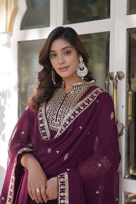 Wine glamorous georgette fabric ceremonial wear gown with dupatta 4