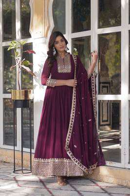 Wine glamorous georgette fabric ceremonial wear gown with dupatta 5