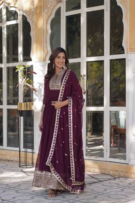 Wine glamorous georgette fabric ceremonial wear gown with dupatta 6