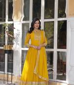 Yellow glamorous georgette fabric ceremonial wear gown with dupatta