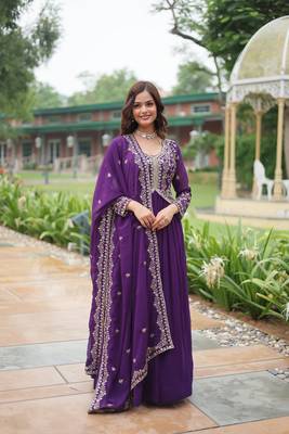 Purple beautiful faux georgette resham and sequins gown with dupatta 1