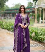 Purple beautiful faux georgette fabric resham and sequins work gown with dupatta
