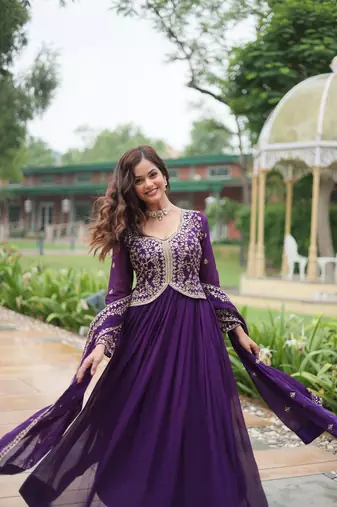 Purple beautiful faux georgette resham and sequins gown with dupatta