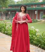 Red beautiful faux georgette fabric resham and sequins work gown with dupatta