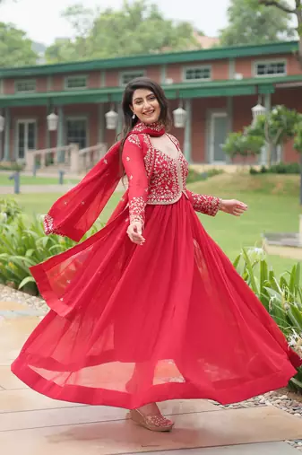 Red beautiful faux georgette resham and sequins gown with dupatta
