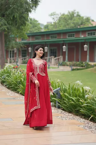Red beautiful faux georgette resham and sequins gown with dupatta