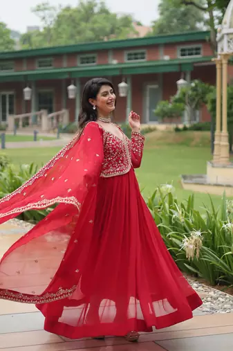 Red beautiful faux georgette resham and sequins gown with dupatta