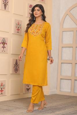 Yellow rayon fabric designer embroidery work ethnic indian kurta set 1