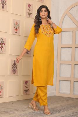 Yellow rayon fabric designer embroidery work ethnic indian kurta set 4