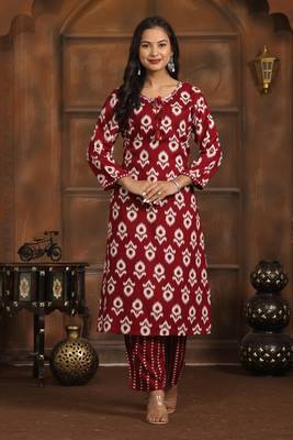 Maroon rayon printed indian kurta set 1