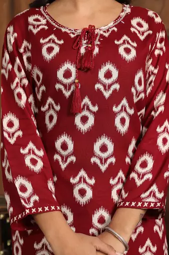 Maroon rayon printed indian kurta set