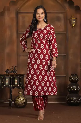 Maroon rayon printed indian kurta set
