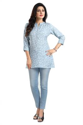 Blue rayon floral printed short kurti for formal looks 1