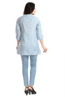 Blue rayon floral printed short kurti for formal looks 2