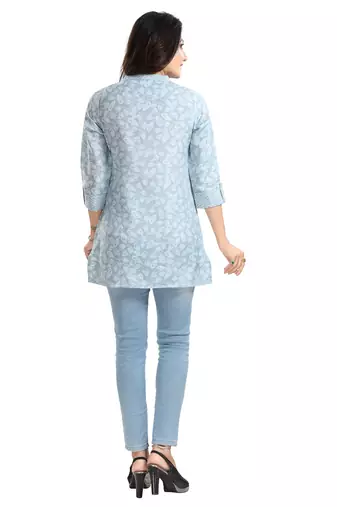 Blue rayon floral printed short kurti for formal looks