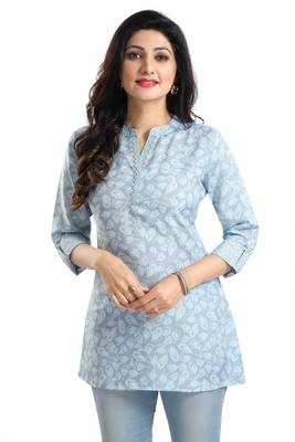 Blue rayon floral printed short kurti for formal looks 3