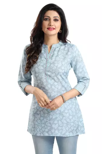 Blue rayon floral printed short kurti for formal looks