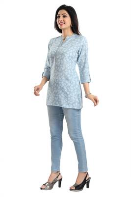 Blue rayon floral printed short kurti for formal looks 4